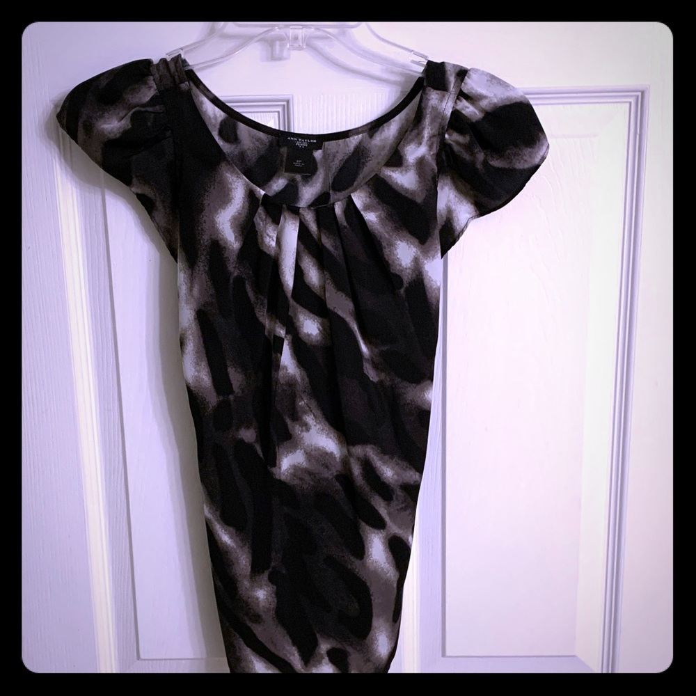 Black and Grey Print Ann Taylor Tie Blouse
